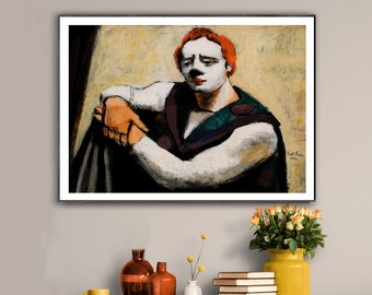 May include: A painting of a clown with white face paint, red hair, and a green and black costume. The clown is sitting with their arms crossed and looking down. The painting is signed "Dutt Kallen 1941" in the bottom right corner.