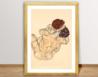 Egon Schiele 'Mann and Frau Embrace' Fine Art Print - Love Painting