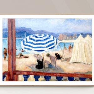 Cannes, sombrilla azul y tiendas de campaña de Henri Lebasque, impresión de bellas artes, póster impresionista, pintura de playa, arte mural junto al mar, decoración de verano