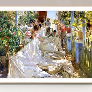 Mending the Sail by Joaquin Sorolla y Bastida Fine Art Print - Mediterranean Life Art Print, Sewing the Sail, Impressionist Wall Art