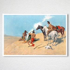 May include: A vintage painting depicting Native Americans on horseback in a desert landscape. The painting features three figures, two on horseback and one on foot, with a small fire in the foreground. The horses are white and the figures are wearing traditional clothing.
