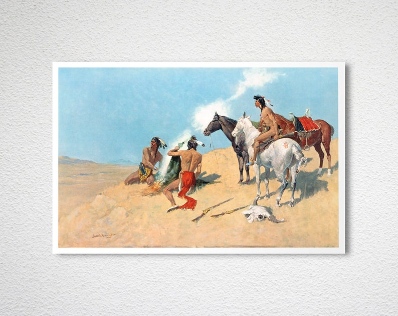 May include: A vintage painting depicting Native Americans on horseback in a desert landscape. The painting features three figures, two on horseback and one on foot, with a small fire in the foreground. The horses are white and the figures are wearing traditional clothing.