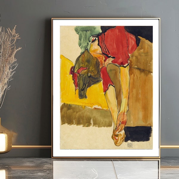 Girl Putting on Shoe (Schuhe anziehendes Mädchen) by Egon Schiele, Fine Art Print, Expressionist Poster, Abstract Poster, Modern Painting