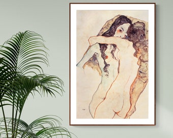 Deux femmes étreignant (Zwei Sich Umarmende Frauen) par Egon Schiele - papier affiche ou impression sur toile / idée cadeau / décoration murale