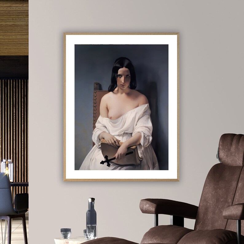 May include: A painting of a woman in a white dress sitting on a chair. She is holding a book and a cross in her hands. The background is a dark blue.
