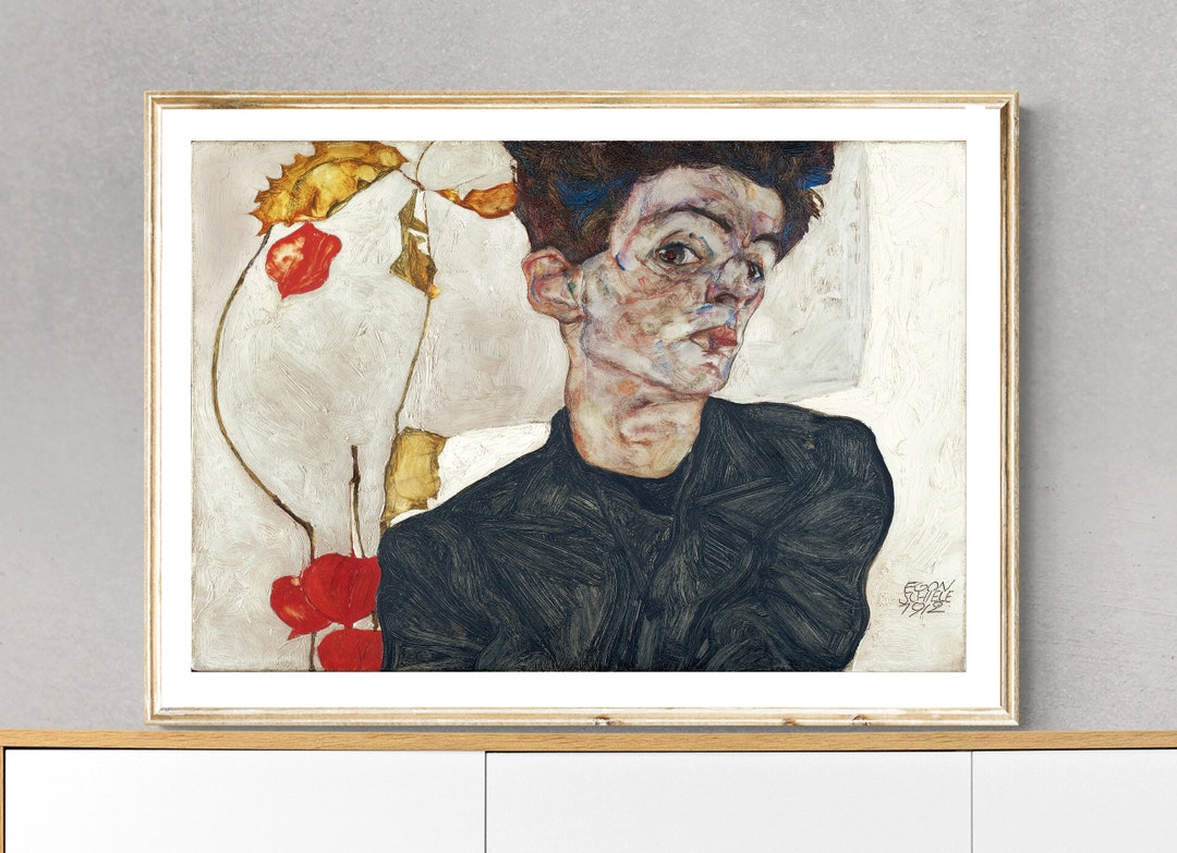 Self Portrait With Physalis By Egon Schiele Fine Art Print Poster self-portrait-with-physalis-by-egon-schiele-fine-art-print-poster