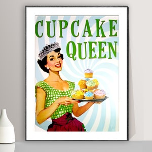 Rainha do cupcake, impressão vintage, decoração de cozinha, arte retrô de parede, pôster de comida e bebida, decoração de parede de café, impressão de entretenimento, arte publicitária