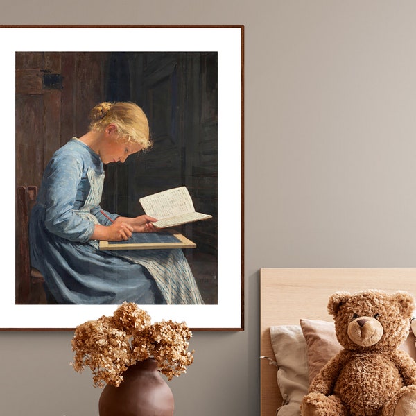 Fleissig Appliquee by Albert Anker Fine Art Print - Poster Paper or Canvas Print / Gift Idea / Wall Decor
