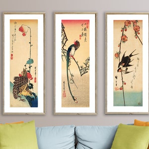 Set of 3 (%33 DISCOUNT) Birds and Flowers from Ando Hiroshige Fine Art Prints, Asian Wall Décor, Japanese Artwork,  Colorful Décor