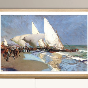 May include: A painting of a seascape with three white sailboats on a beach. The boats are in the water, and the beach is in the foreground. The sky is blue and cloudy. The painting is done in a style that is reminiscent of Impressionism.