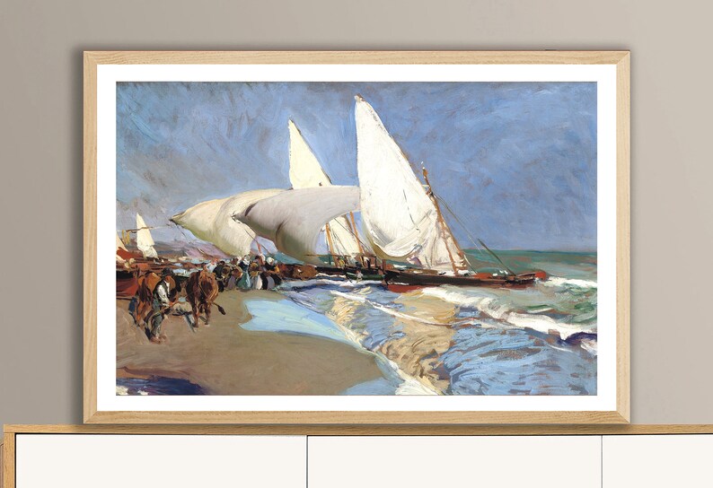 May include: A painting of a seascape with three white sailboats on a beach. The boats are in the water, and the beach is in the foreground. The sky is blue and cloudy. The painting is done in a style that is reminiscent of Impressionism.