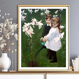 Garden Study of the Vickers Children by John Singer Sargent, Fine Art Print, Flowers Poster, Impressionist Wall Art, Kids Painting