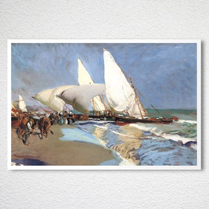 May include: A painting of a seascape with three white sailboats in the water. The boats are in the foreground of the painting, and the water is a light blue color. The sky is a light blue color with some clouds. The beach is a light brown color. There are people on the beach in the background.