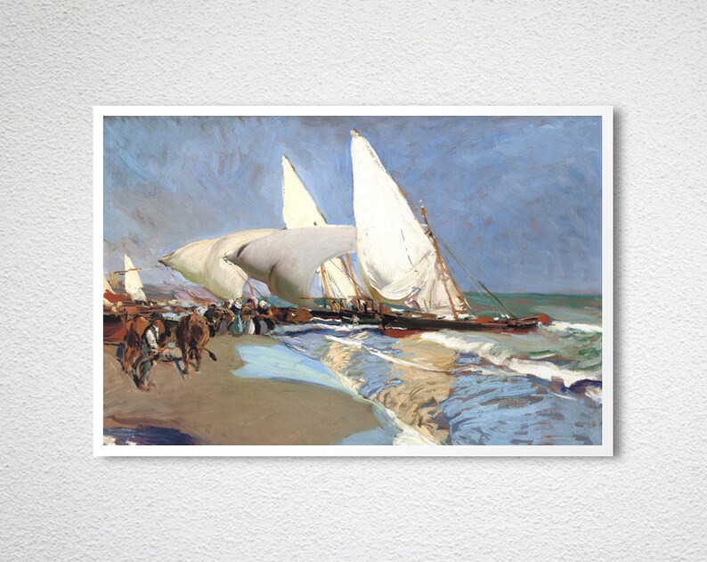 May include: A painting of a seascape with three white sailboats in the water. The boats are in the foreground of the painting, and the water is a light blue color. The sky is a light blue color with some clouds. The beach is a light brown color. There are people on the beach in the background.