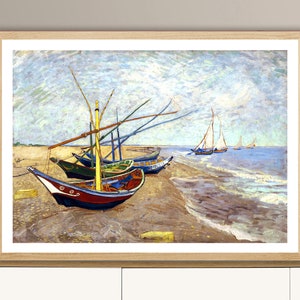ヴィンセント・ヴァン・ゴッホ作「サン・マリーの浜辺の漁船」、ファインアートプリント、印象派アート、船好きへのギフト、海辺のポスター