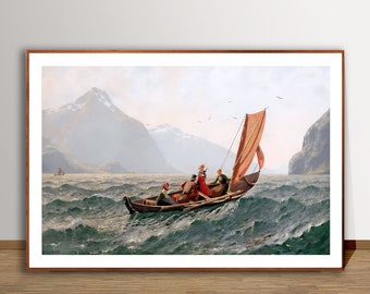 Fiord with Sailing Boat by Hans Dahl, Fine Art Poster, Nautical Wall Art, Seascape Poster, Boat Lover Gift, Impressionist Poster