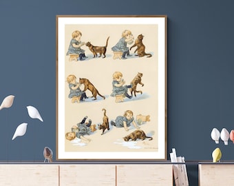 May include: A vintage illustration of a girl interacting with a cat in six different scenes. The girl is wearing a blue and white dress and the cat is brown and black. The scenes depict the girl feeding the cat, playing with the cat, and the cat jumping on the girl.