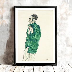 Self Portrait in Green Shirt with Eyes Closed by Egon Schiele Fine Art Print - Figurative Painting/ Gift Idea / Wall Decor