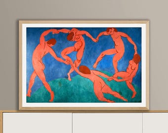 May include: A painting of five figures in a circle, dancing against a blue background. The figures are nude and painted in shades of red, with a green hill at the bottom of the painting.