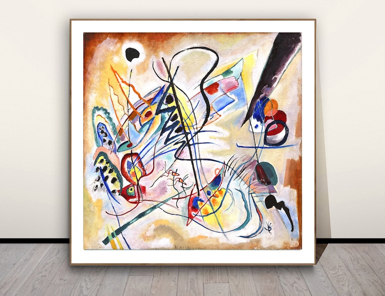 May include: Abstract painting with a white background and colorful lines and shapes. The painting features a variety of colors, including red, blue, yellow, green, and black. The lines are thin and delicate, and the shapes are geometric and organic.