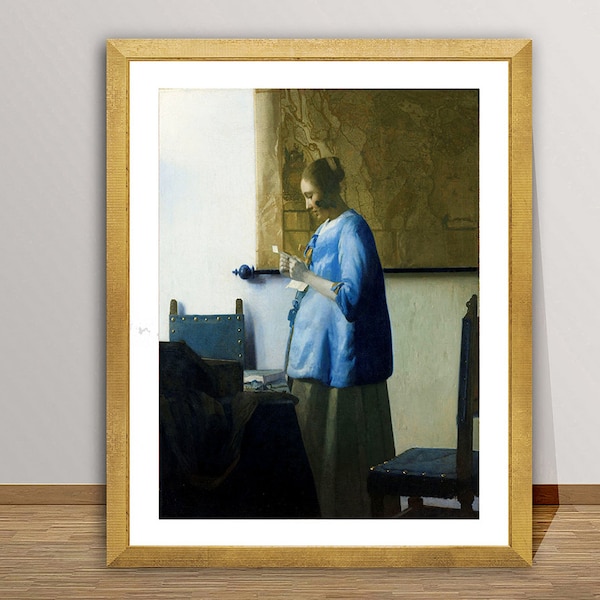 Impression d'art Femme en bleu lisant une lettre de Johannes Vermeer - Peinture baroque, décoration de chambre