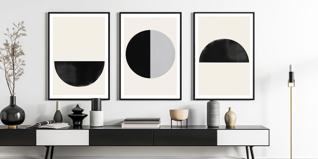 Geometric Abstract Black and White Art Prints - Set of 3 Minimalist ...