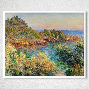 May include: A painting of a rocky coastline with a small cove of turquoise water. The scene is painted in a style reminiscent of Impressionism, with visible brushstrokes and a focus on light and color. Lush green foliage frames the cove, and the sky is a soft blue with hints of pink and orange.