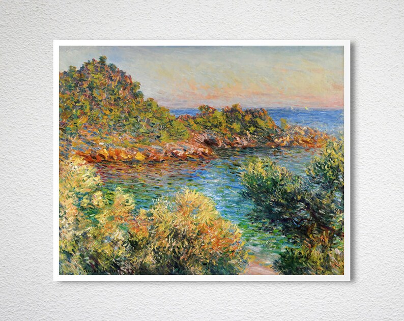 May include: A painting of a rocky coastline with a small cove of turquoise water. The scene is painted in a style reminiscent of Impressionism, with visible brushstrokes and a focus on light and color. Lush green foliage frames the cove, and the sky is a soft blue with hints of pink and orange.