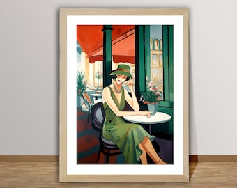 Art Deco Woman at Cafe Print: Modern Fine Art Poster