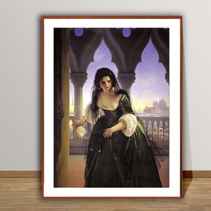 May include: A painting of a woman in a green dress and black veil standing in a doorway. She is looking down at a piece of paper in her hand. The background is a cityscape with a building in the distance.
