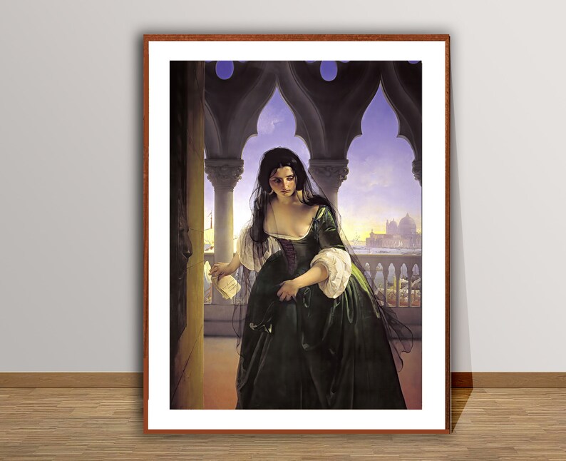 May include: A painting of a woman in a green dress and black veil standing in a doorway. She is looking down at a piece of paper in her hand. The background is a cityscape with a building in the distance.