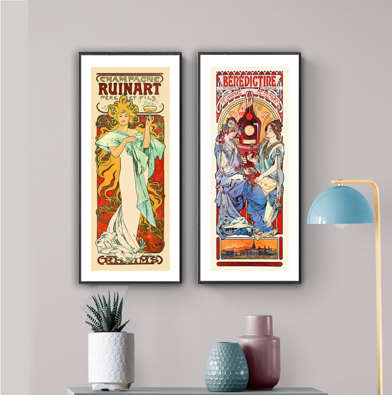 Benedictine Set of 2 Alphonse Mucha Art Nouveau Poster Champagne Vintage Food/&Drink Prints Decorative Artwork Beverages Wall Decor