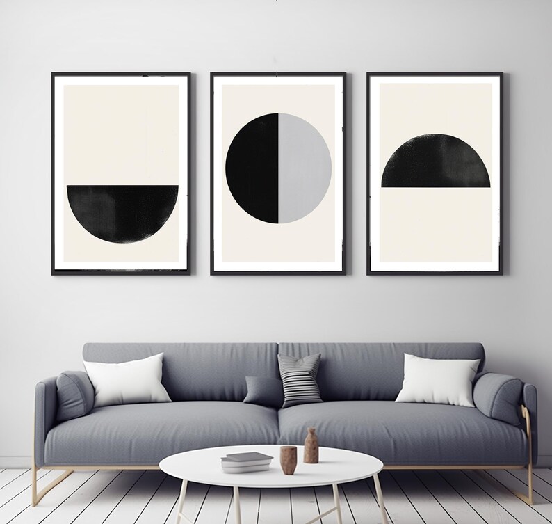 Geometric Abstract Black and White Art Prints - Set of 3 Minimalist ...