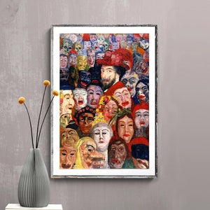 Self Portrait with Masks by James Ensor Fine Art Print Expressionist Art, Symbolist Painting, Colorfuf Decor image 1