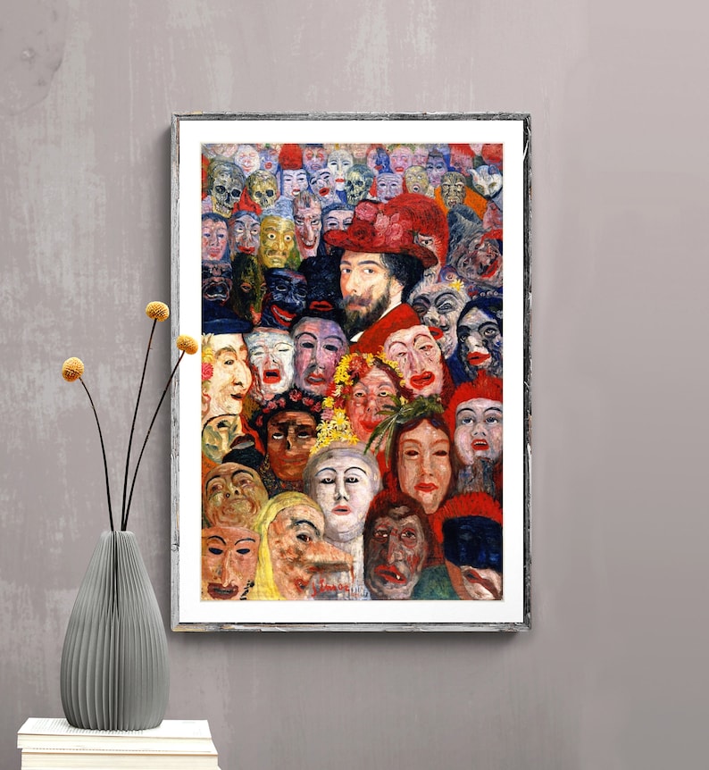 Self Portrait with Masks by James Ensor Fine Art Print Expressionist Art, Symbolist Painting, Colorfuf Decor image 1