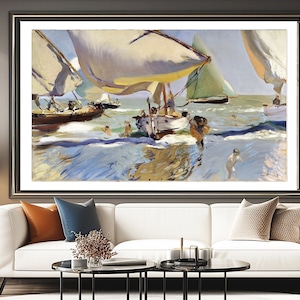Barcas en La Playa by Joaquín Sorolla y Bastida, Fine Art Poster, Impressionist Artwork, Nautical Wall Art, Seascape Poster, Sailing Artwork