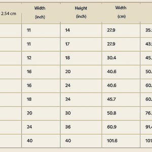 Pode incluir: Uma tabela de convers&atilde;o de tamanhos bege com texto preto. A tabela lista dimens&otilde;es em polegadas e cent&iacute;metros, incluindo tamanhos como 11x14, 16x20 e 24x36. Especifica que 1 polegada equivale a 2,54 cm, com colunas de largura e altura.