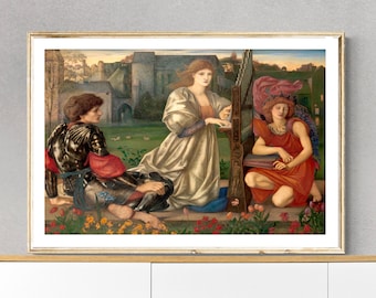 以下が含まれることがあります： 庭園の風景の中に3人の人物を描いた絵画。白いガウンを着た女性がハープを演奏し、鎧を着た男性が足を組んで座り、赤いローブを着た女性が本を読んでいます。背景には城と緑豊かな庭園が描かれています。