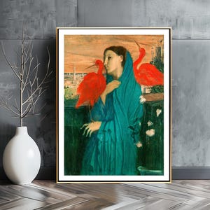 Young Woman with Ibis" by Edgar Degas is a striking and mysterious work that reflects Degas’ early interest in Orientalism and Symbolist themes. Painted around 1857–1858, the artwork shows a graceful young woman in an exotic setting, standing near a red ibis — a bird often associated with sacred or mystical symbolism.
