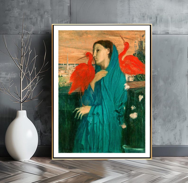 Young Woman with Ibis" by Edgar Degas is a striking and mysterious work that reflects Degas’ early interest in Orientalism and Symbolist themes. Painted around 1857–1858, the artwork shows a graceful young woman in an exotic setting, standing near a red ibis — a bird often associated with sacred or mystical symbolism.