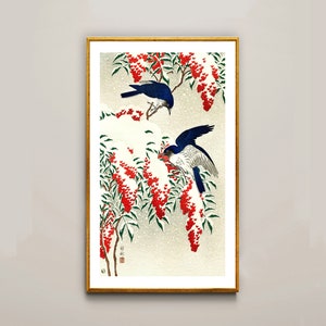Flycatchers on a Nandina Bush by Ohara Koson, Fine Art Print, Asian Wall Décor, Japanese Artwork, Ukiyo-e Print, Colorful Wall Art