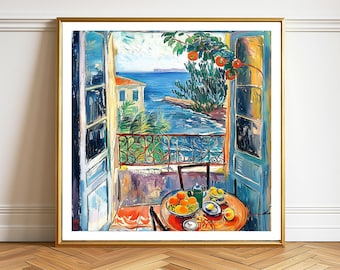 May include: A framed painting of a balcony scene overlooking the sea. A round table is set with fruit and tea. The balcony has a wrought iron railing. The painting is in a gold frame and has a vibrant colour palette.