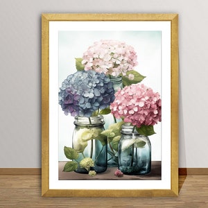 Hortensien im Glasgefäß, feiner Art Print - Blumen Poster, Stillleben Kunstdruck, Wanddeko, Geschenkidee