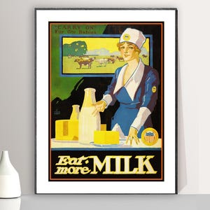 Eat More Milk, Vintage Print, Food & Drink Poster, Motivational Artwork, Decorative Wall Art, Kitchen Painting, Café Wall Décor