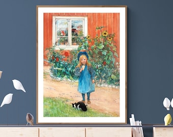 Little Girl, Cat and Sandwich by Carl Larsson Art Print - Nursery Wall Art