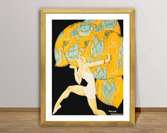 May include: A vintage art deco style illustration of a woman in a white swimsuit, running with a yellow and blue patterned fabric billowing behind her. The background is black. The artist's signature, "René Vincent", is in the bottom right corner.