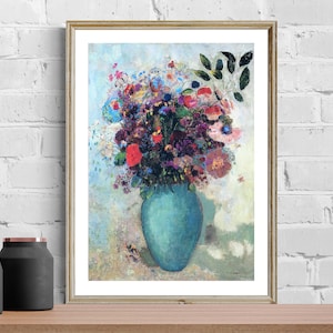 Flores en un jarrón turquesa de Odilon Redon Fine Art Print - Papel de póster o impresión de lienzo / Idea de regalo / Decoración de pared