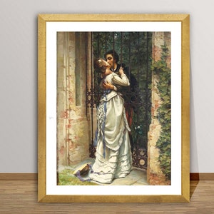 May include: A framed print of a romantic scene. A man and woman embrace and kiss near a wrought iron gate. The woman wears a white dress with blue accents. The artwork is in a gold frame.