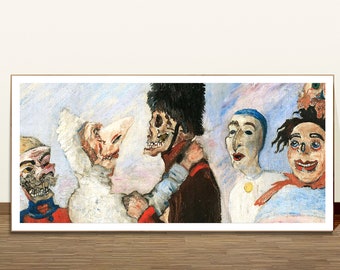 The Man and the Mask (Squelette Arrêtant Masques)  by James Ensor Fine Art Print - Expressionist Art, Surrealism Painting,  Colorful Paint