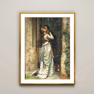 May include: A framed print of a romantic scene. A man and woman embrace near a wrought iron gate. The woman wears a white dress with blue accents. The man is in a black coat. The background features a stone wall and greenery.
